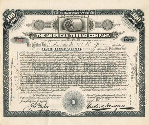 American Thread Co. Issued to Edward H.R. Green - Stock Certificate